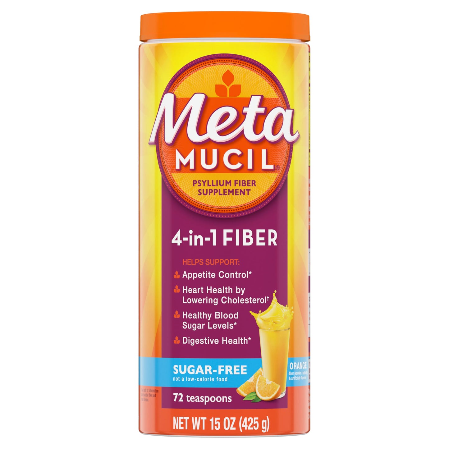 Metamucil 4-in-1 Psyllium Husk Friendly Fiber Supplement, Sugar-Free, 72 teaspoons, Orange Flavored, Daily Fiber Powder for Digestive Health Metamucil