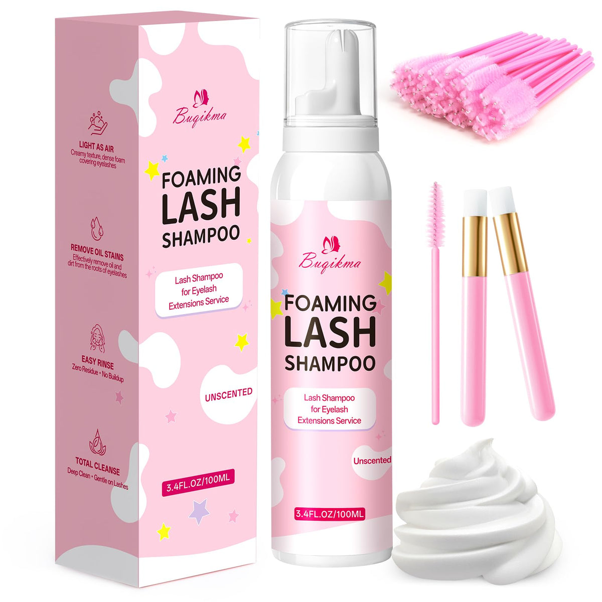 Buqikma Foaming Lash Shampoo Eyelash Extension Cleanser 3.4Fl Oz, Unscented Buqikma