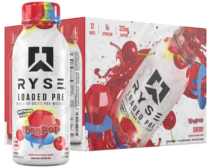 RYSE Loaded Pre Workout Drink - Ring Pop Cherry - Sugar-Free, Ready to Drink Energy Supplement with 325mg Caffeine, Citrulline & Beta Alanine for Focus & Pump - 12 fl oz Bottles (Pack of 12)