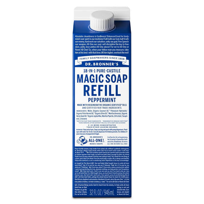 Dr. Bronner's Pure-Castile Liquid Magic Soap Refill - Made with Regenerative Organic Certified Oils, 86% Less Plastic - 18-in-1 Uses for Face, Body Wash, Hand Soap Refill & More - Peppermint, 32oz Dr. Bronner's