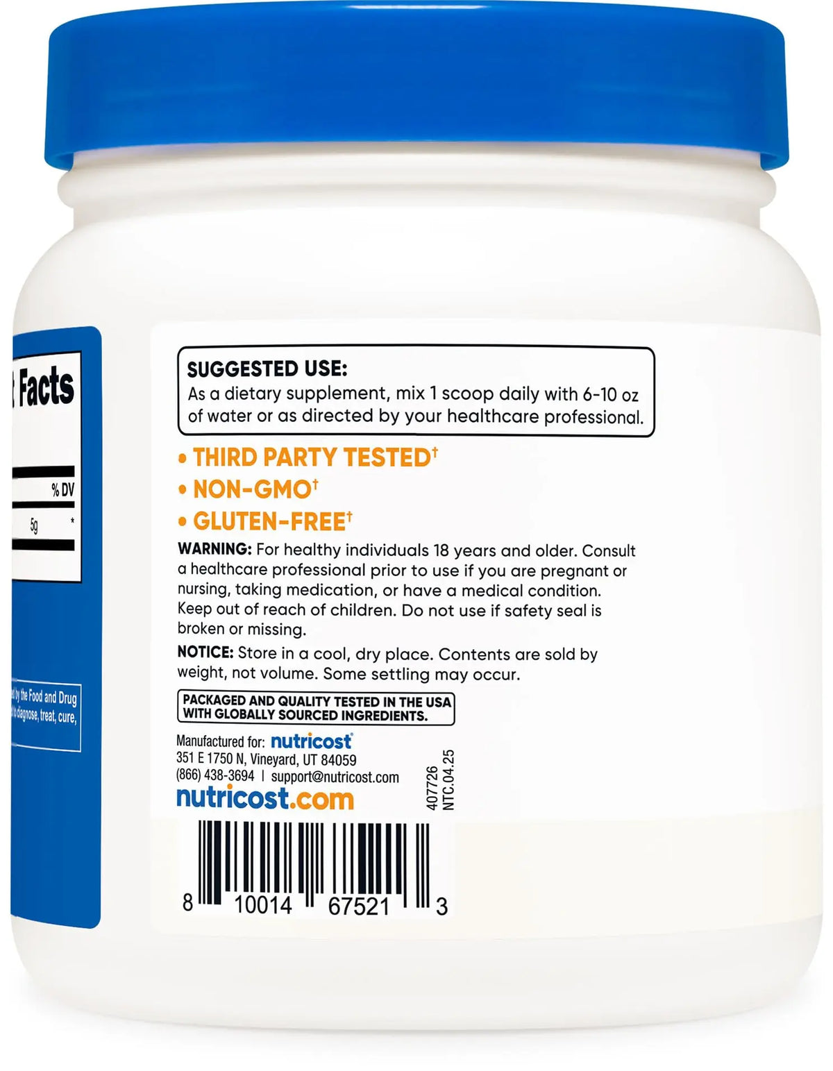 Nutricost L-Glutamine Powder (500 Grams) Unflavored - Gluten Free & Non-GMO, 100 Servings Nutricost