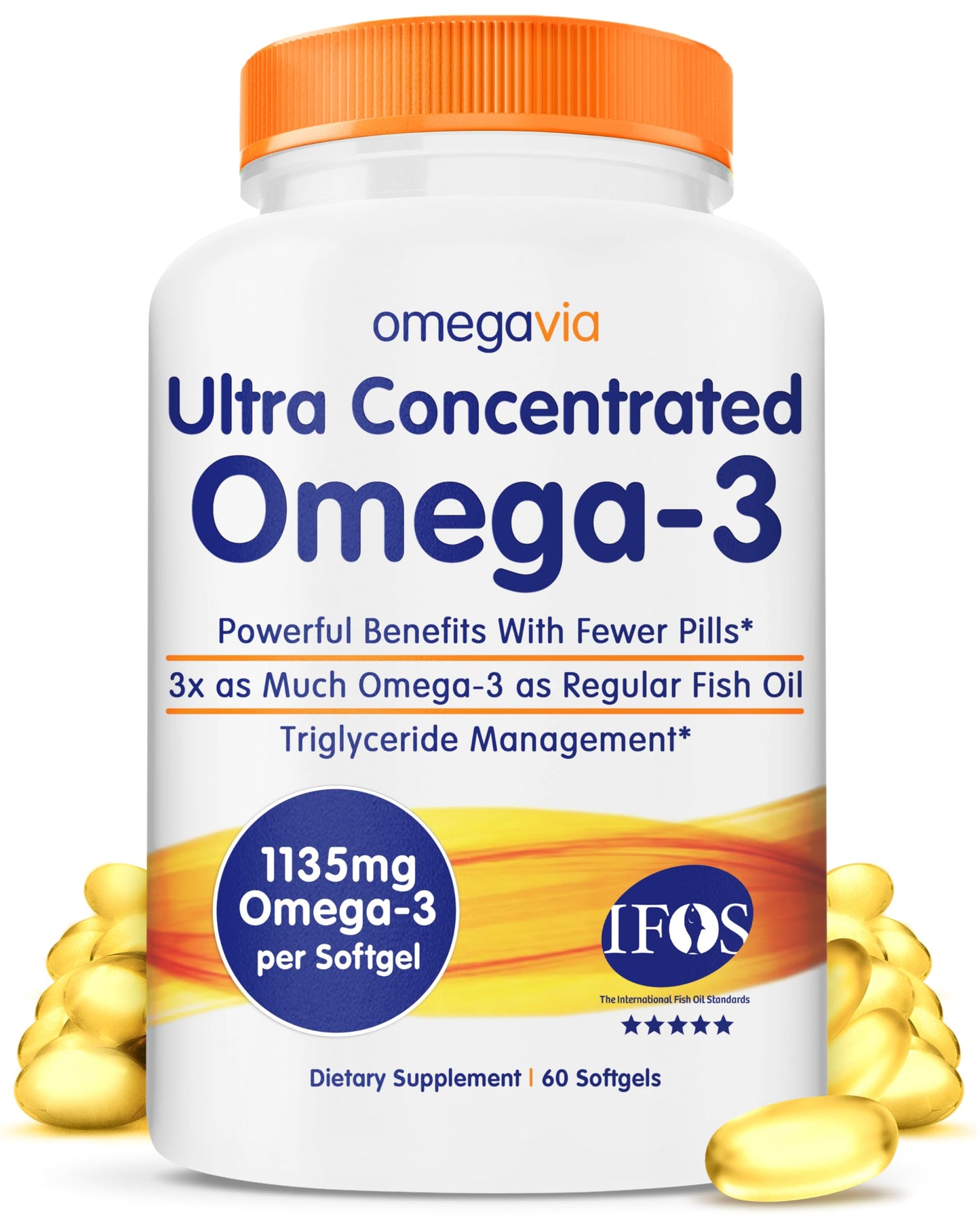 OmegaVia Ultra Concentrated Omega 3 Fish Oil Burpless, 60 Softgels, Triple Strength Omega 3 Fish Oil Supplements, 1135 mg Pure Omega3 OmegaVia