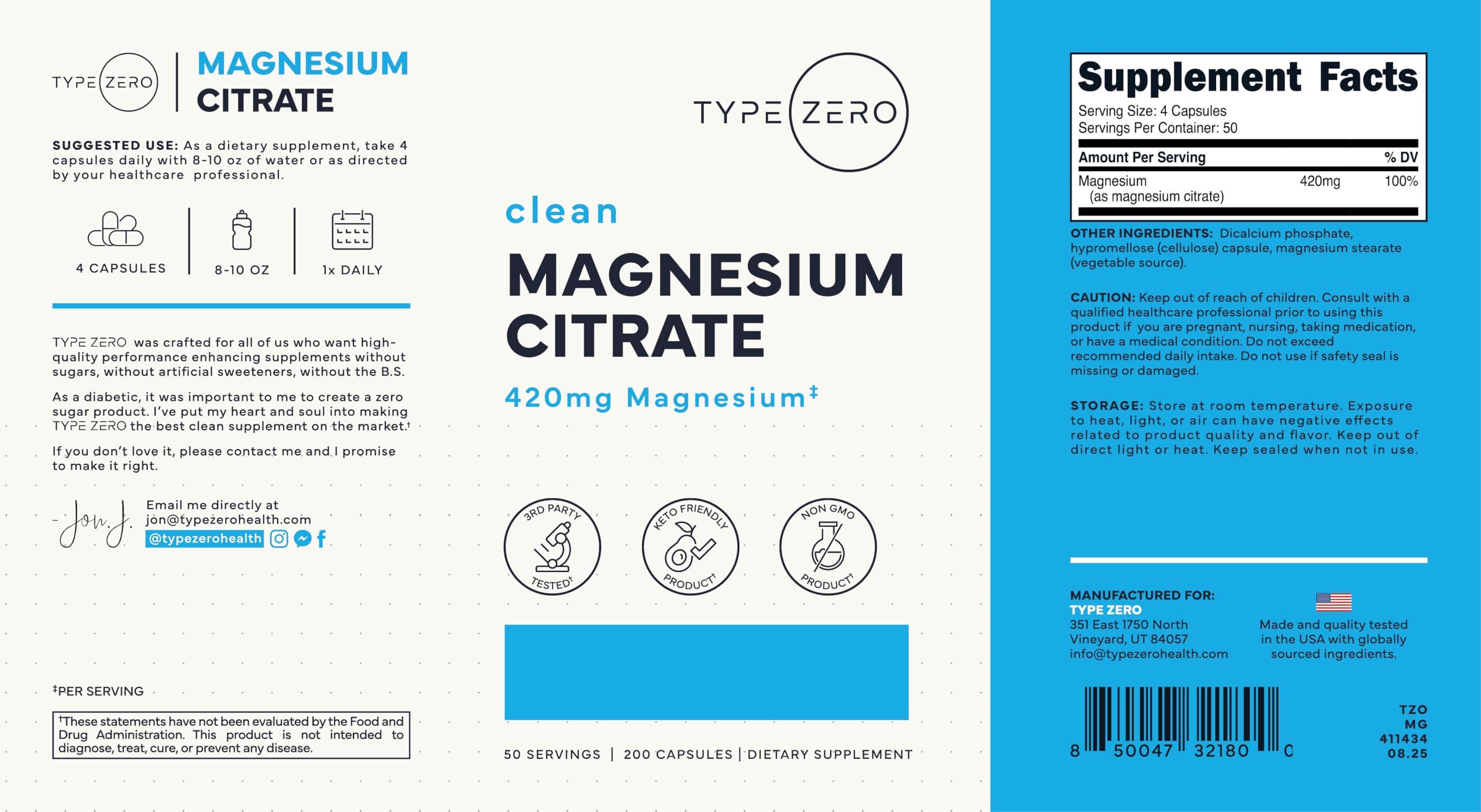 Type Zero Clean Magnesium Citrate Capsules (420mg Per Serving - 200 Capsules) Pure Magnesium Citrate Supplement, Non-GMO - Gluten Free, 50 Servings Type Zero buy australia supplements
