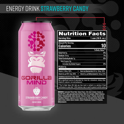 Gorilla Mind Energy Drink | Unmatched Energy · Amplified Focus | N-Acetyl-L-Tyrosine, Alpha-GPC, 200mg Caffeine, Uridine, Saffron | 0 Sugar Or Artificial Colors | 16oz, 12-Pack (Black Cherry Vanilla)
