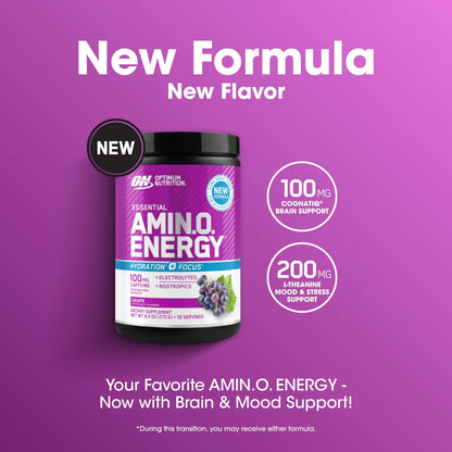 Optimum Nutrition Amino Energy Powder Plus Focus, with BCAA, Electrolytes, and Caffeine, Grape, 30 Servings (Packaging May Vary) Optimum Nutrition