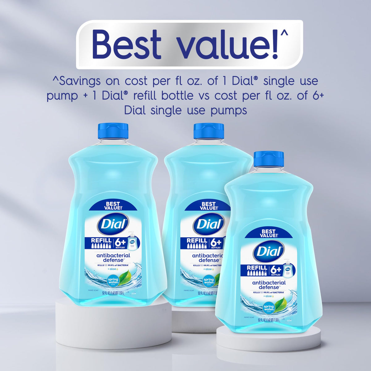 Dial Antibacterial Defense Liquid Hand Soap + Aloe, Spring Water Scent, 52 Fl Oz Hand Soap Refill (Pack of 3), Dermatologist-Tested, Gentle Formula Dial