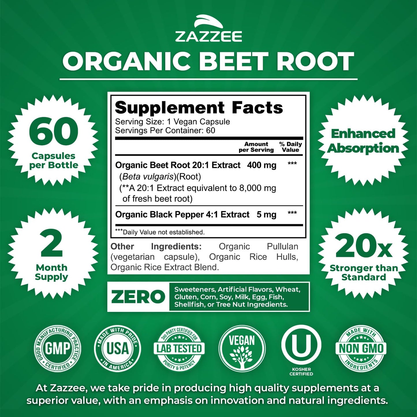 Zazzee USDA Organic Beet Root 20:1 Extract, 120 Quick Release Capsules | 4 Month Supply, Vegan, Nitric Oxide Support, Black Pepper Extract for Enhanced Absorption, Certified Kosher, Made in the USA Gsupps Australia