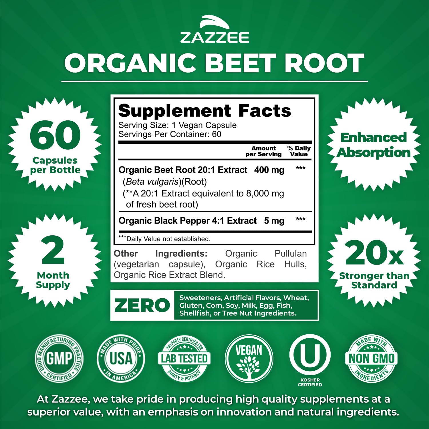 Zazzee USDA Organic Beet Root 20:1 Extract, 120 Quick Release Capsules | 4 Month Supply, Vegan, Nitric Oxide Support, Black Pepper Extract for Enhanced Absorption, Certified Kosher, Made in the USA Gsupps Australia