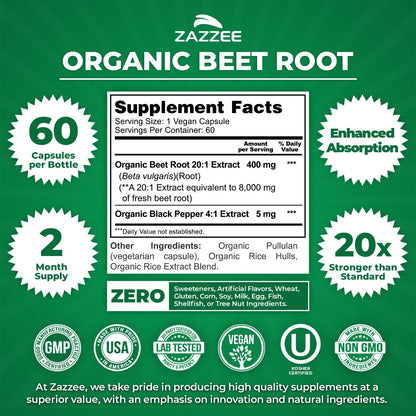Zazzee USDA Organic Beet Root 20:1 Extract, 120 Quick Release Capsules | 4 Month Supply, Vegan, Nitric Oxide Support, Black Pepper Extract for Enhanced Absorption, Certified Kosher, Made in the USA Gsupps Australia