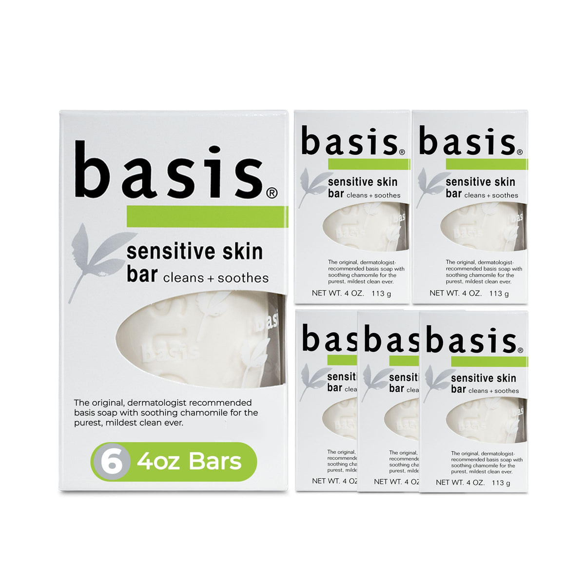 Basis Sensitive Skin Bar Soap for Body, Hands and Face, Multipack, 6 x 4 OZ Basis