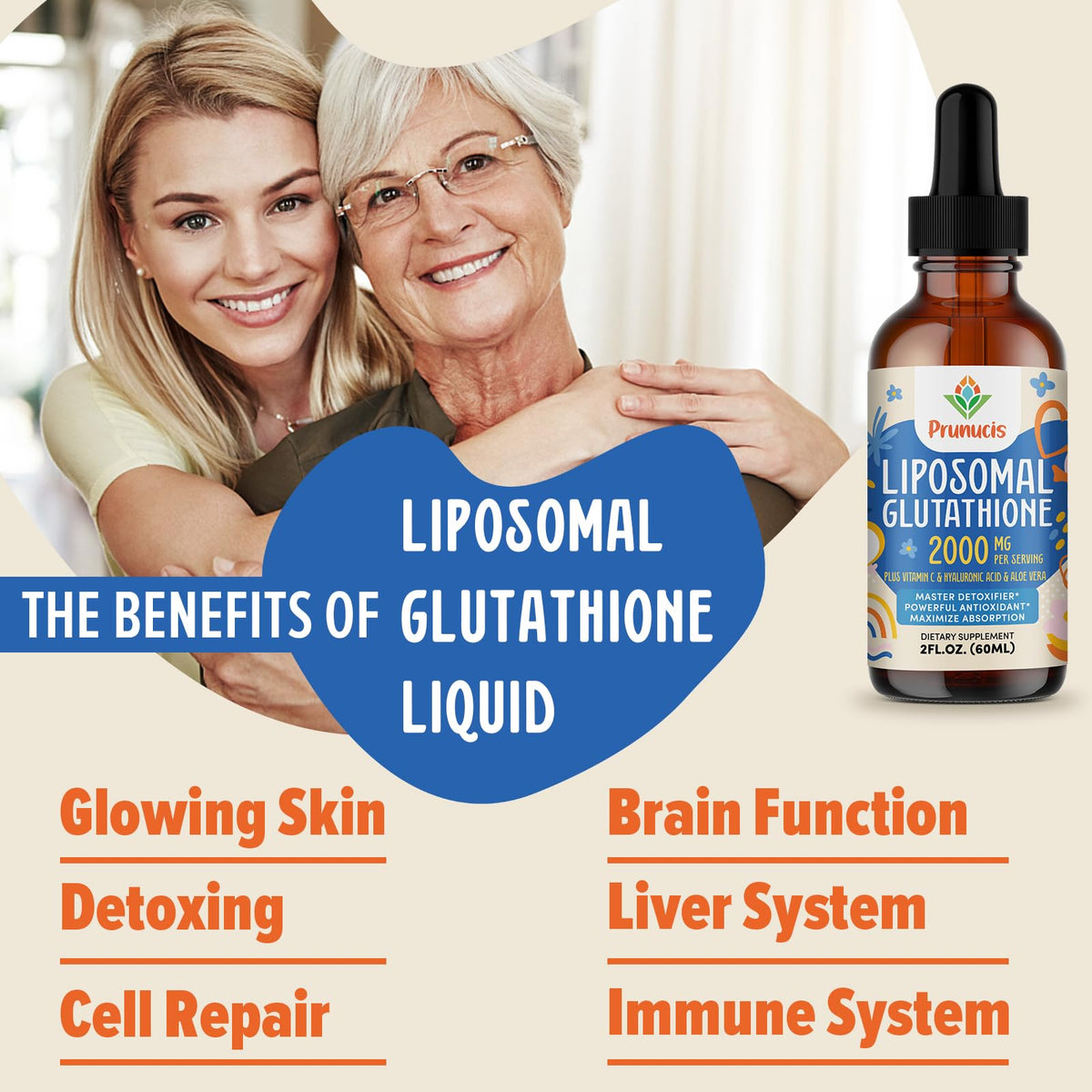 Prunucis 2000MG Liposomal Glutathione Liquid, 98% Absorption, Active Form L-Glutathione Supplement, Prunucis