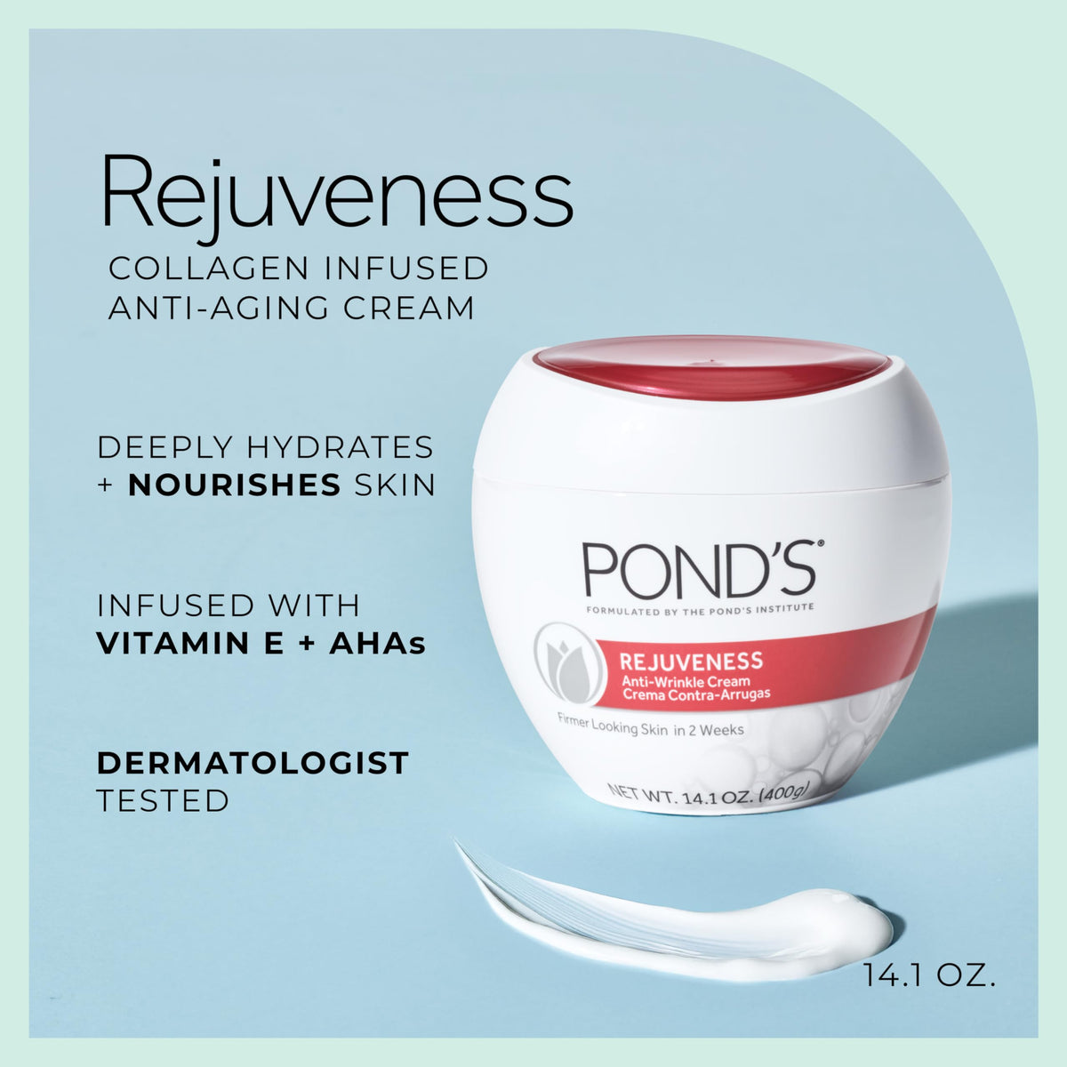 POND’S Rejuveness Face Cream – Anti-Aging Face Moisturizer with AHA’s, Vitamin E & Collagen – Daily Wrinkle Cream for Women – Hydrating Collagen Face Cream – Dermatologist Tested, 14.1 oz POND'S