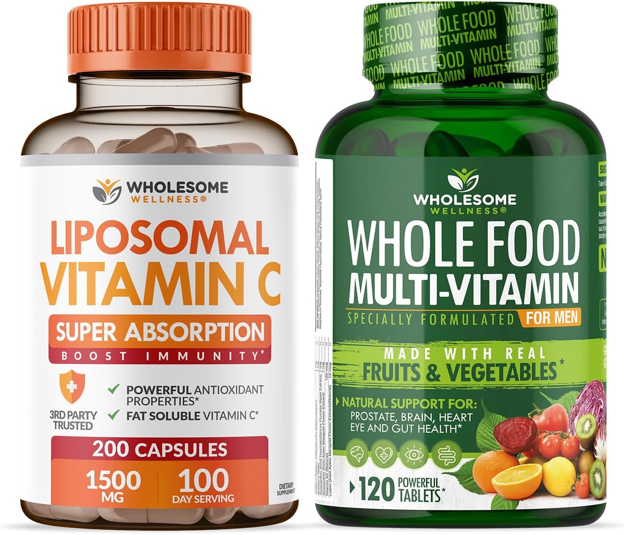 Wholesome Wellness Liposomal Vitamin C Capsules (200 Pills 1500mg Buffered) High Absorption + Food Multivitamin for Men - Natural Multi Vitamins, Minerals, Organic Extracts Bundle Gsupps Australia