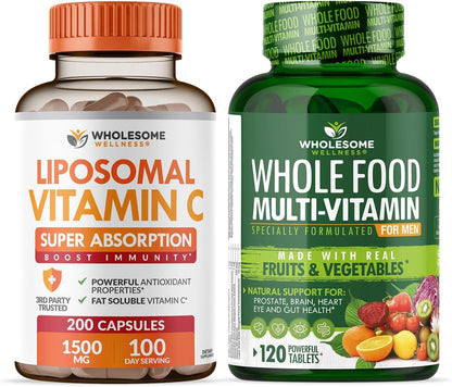 Wholesome Wellness Liposomal Vitamin C Capsules (200 Pills 1500mg Buffered) High Absorption + Food Multivitamin for Men - Natural Multi Vitamins, Minerals, Organic Extracts Bundle Gsupps Australia