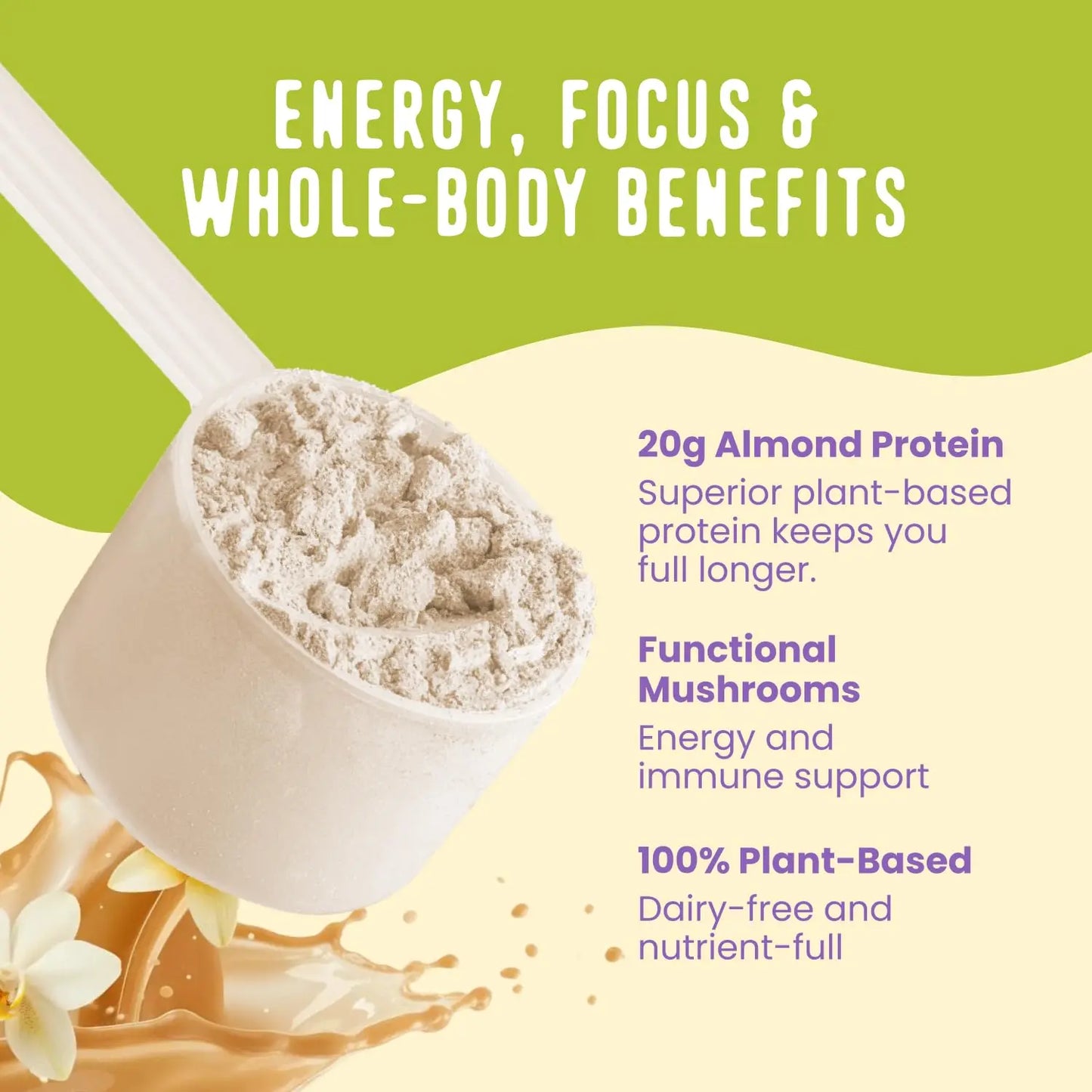 FlavCity Vegan Almond Protein Shake Powder, Vanilla Cream + Reishi & Cordyceps Mushrooms - Focus, Skin, Hair & Joint Support - Organic Fruit All in One Smoothie On-the-Go, 20 Servings FlavCity