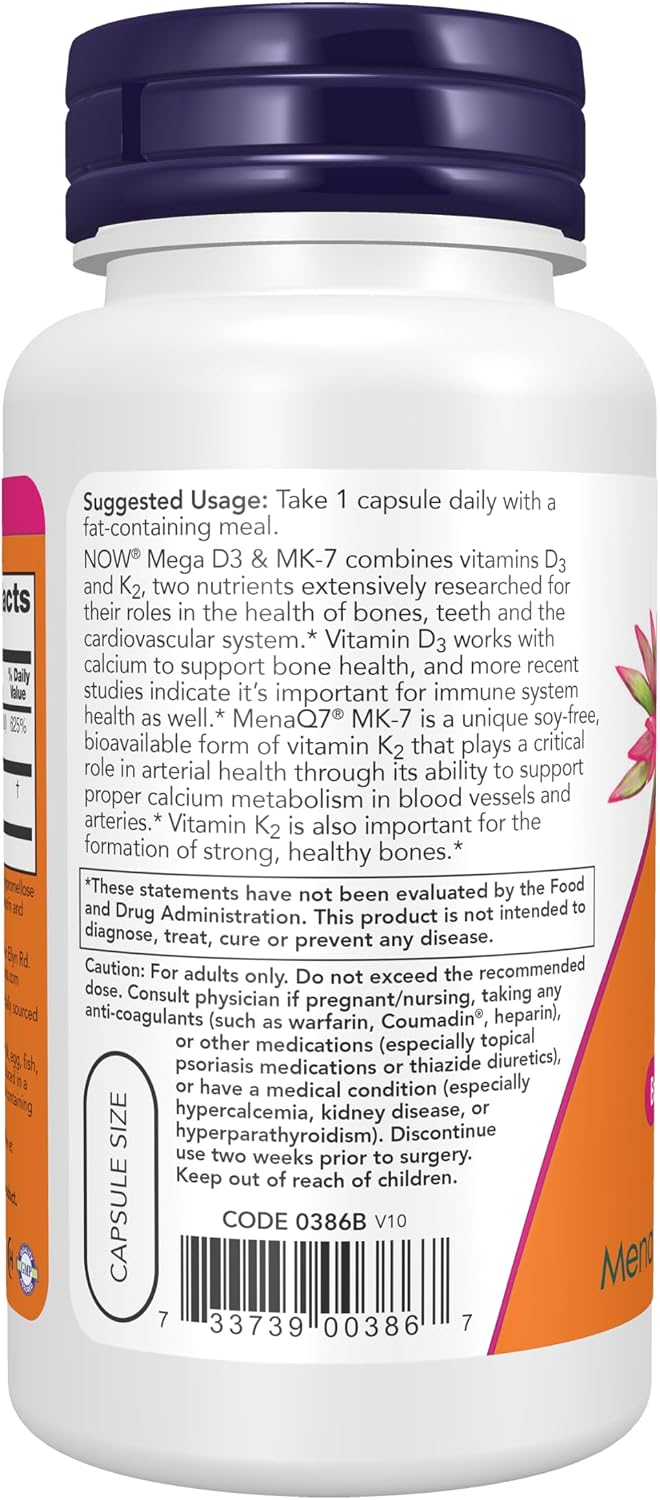 NOW Supplements, Mega D-3 & MK-7, 5000 IU / 180 mcg, Bone & Cardiovascular Support*, Vitamins K-3 & K-2, 120 Capsules Gsupps Australia