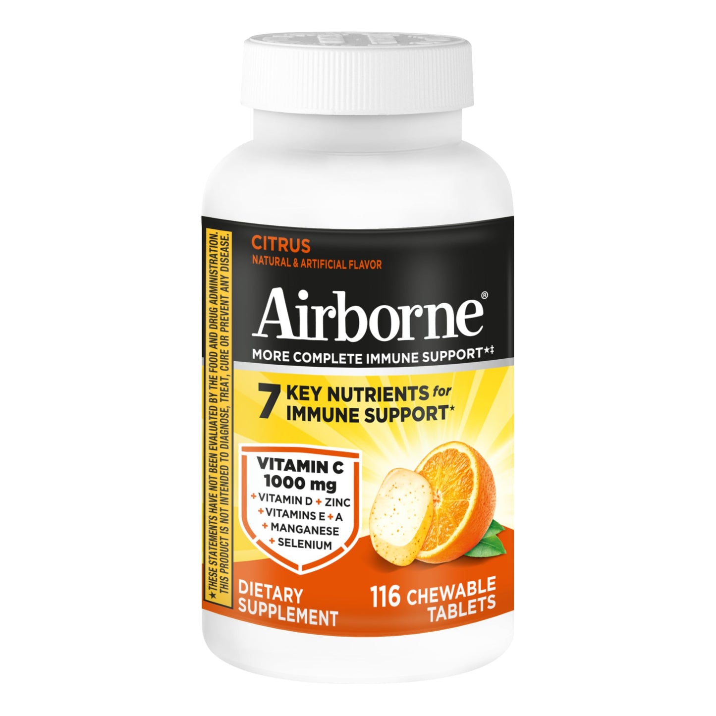 Airborne Vitamin C 1000mg (per Serving) - Citrus Chewable Tablets (116 Count in a Bottle), Gluten-Free Immune Support Supplement, with Vitamins A C E, Zinc, Selenium Airborne