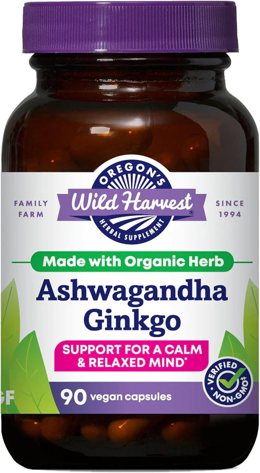 Oregon's Wild Harvest Ashwagandha Ginkgo Organic Non-GMO Herbal Supplements Vegan Plant sourced Capsules | Support for Calm and Relaxed Mind, 90 Count Gsupps Australia