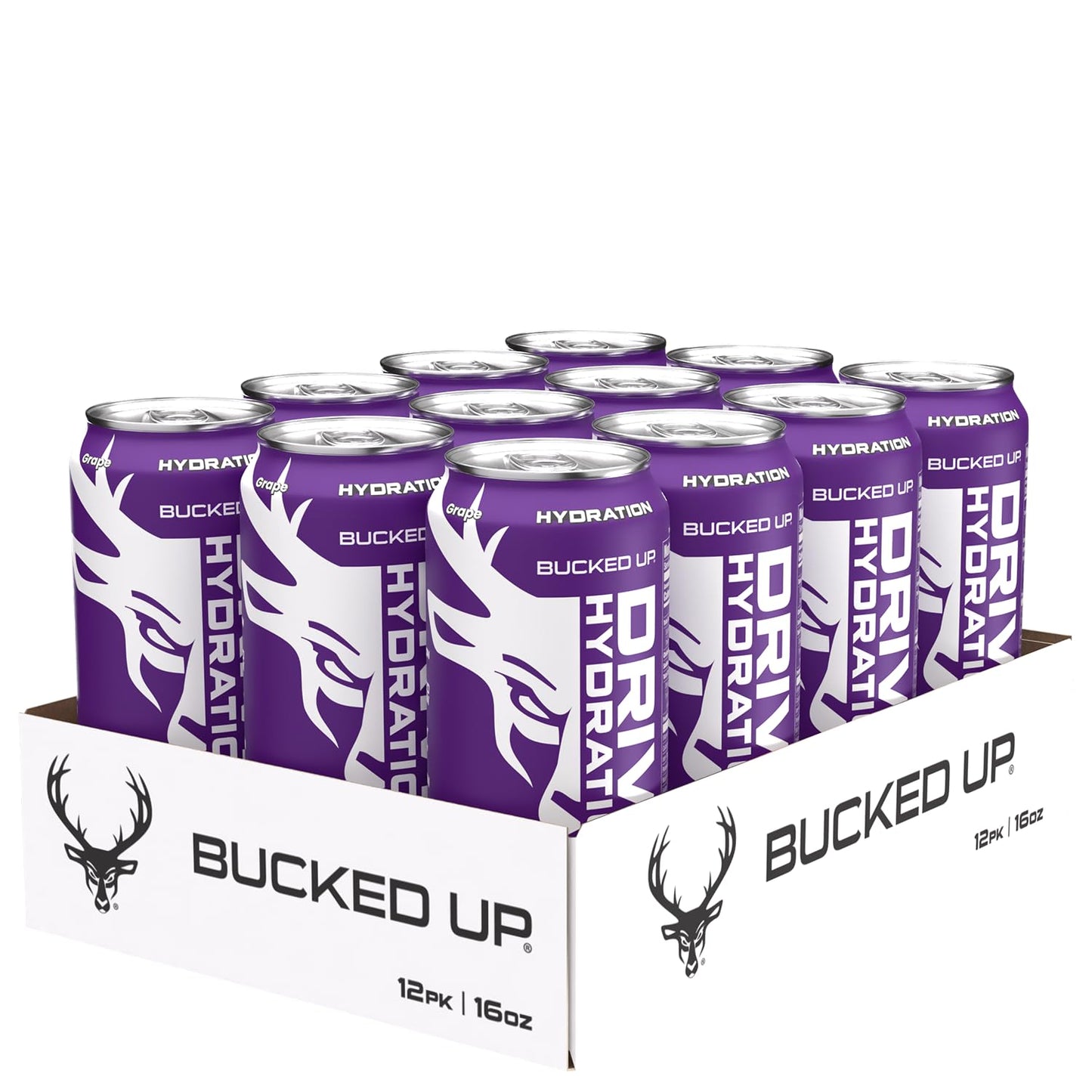 Bucked Up Drive Hydration and Energy | Zero Sugar Electrolyte Drink with GeniusPure Alpha-GPC & 50mg Natural Caffeine | No Artificial Colors | Performance Hydration Beverage | 12 Pack, 16 fl oz Cans | (Grape)