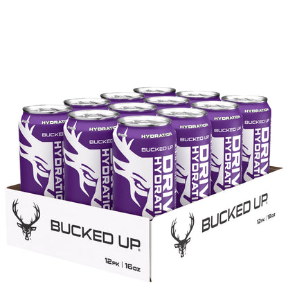 Bucked Up Drive Hydration and Energy | Zero Sugar Electrolyte Drink with GeniusPure Alpha-GPC & 50mg Natural Caffeine | No Artificial Colors | Performance Hydration Beverage | 12 Pack, 16 fl oz Cans | (Grape)