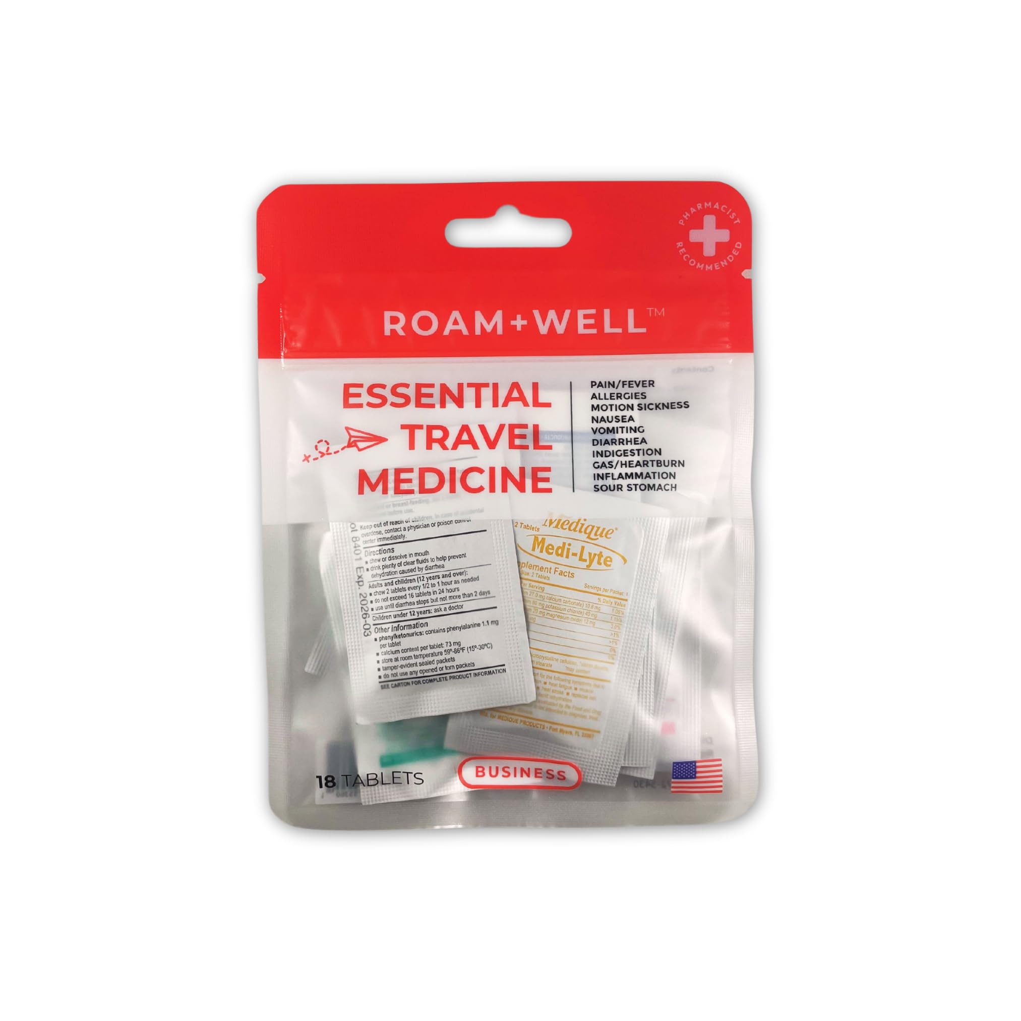 Roamwell Essential Travel Medicine Kit, OTC Travel Medication, TSA Approved (Business | 18 Tablets) Roamwell buy australia supplements