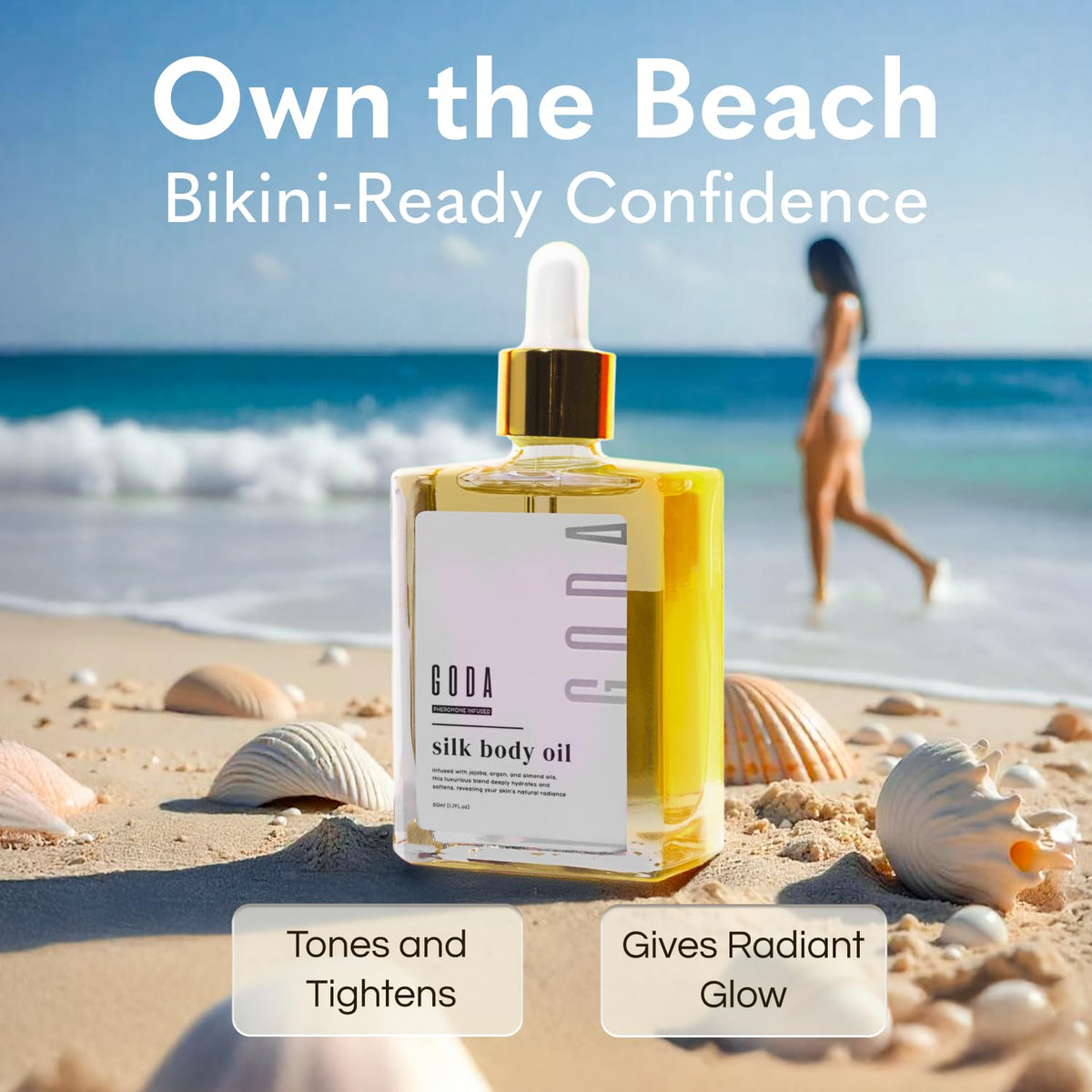 GODA Silk Body Oil Women - Firming Anti Aging Moisturizing Formula, Crepey Skin Hydrating After Shower, Scented Organic Blend Premium Skincare GODA