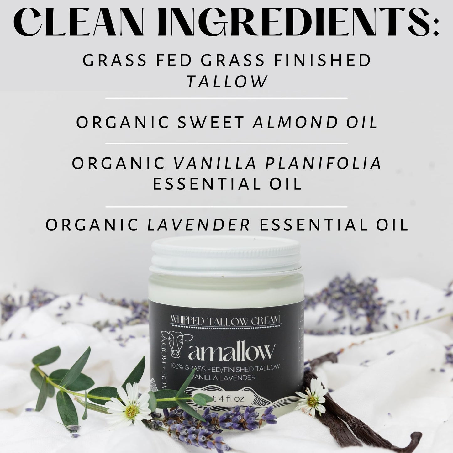 Amallow 100% Grass Fed Beef Tallow for Skin Care - Face + Body - Whipped Moisturizer - Natural Lotion, 4 FL. oz. (Vanilla Lavender) Amallow