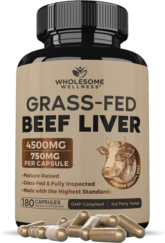 Wholesome Wellness Grass Fed Desiccated Beef Liver Capsules (180 Pills, 750mg Each) - Natural Iron, Vitamin A, B12 for Energy - Raised Undefatted in New Zealand Without Hormones or Chemicals Gsupps Australia