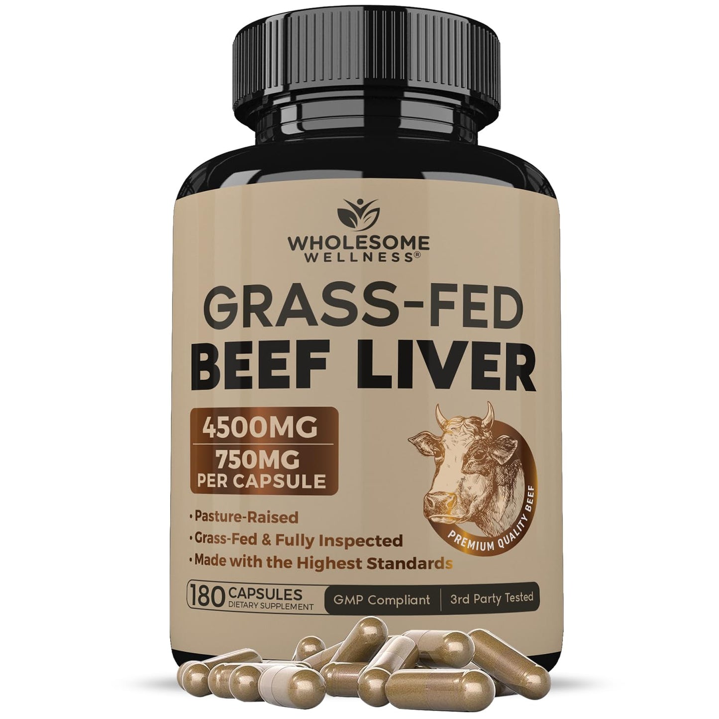 Wholesome Wellness Grass Fed Desiccated Beef Liver Capsules (180 Pills, 750mg Each) - Natural Iron, Vitamin A, B12 for Energy - Raised Undefatted in New Zealand Wholesome Wellness