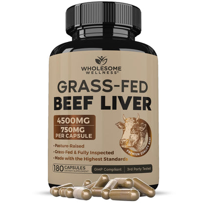 Wholesome Wellness Grass Fed Desiccated Beef Liver Capsules (180 Pills, 750mg Each) - Natural Iron, Vitamin A, B12 for Energy - Raised Undefatted in New Zealand Wholesome Wellness