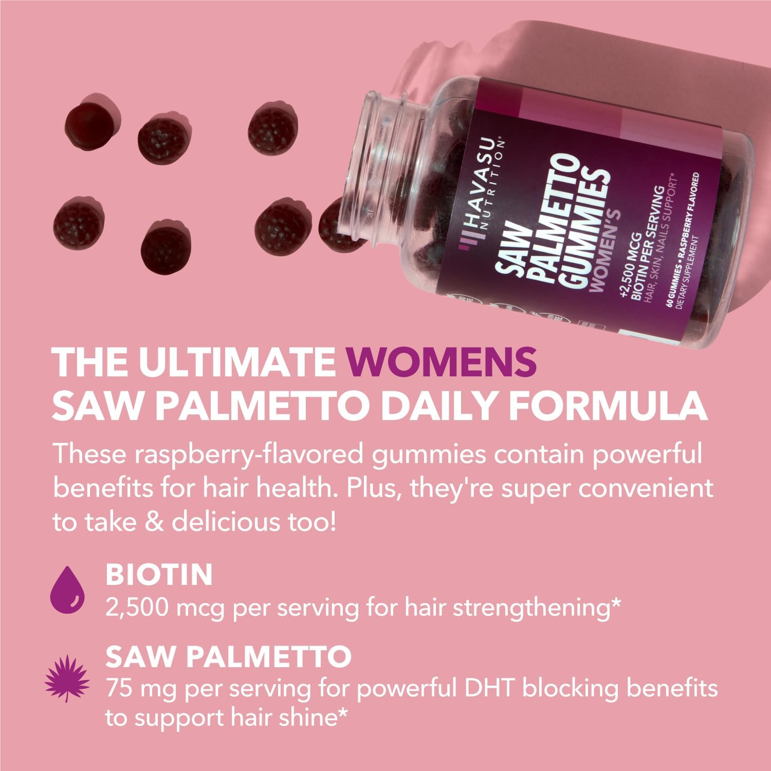 Saw Palmetto Gummies for Women, Raspberry, 60ct, 2500mcg Biotin | DHT Blocker & Hair, Skin, Nail Health Gummies, Supports Stronger-Looking Hair, Raspberry Flavor, 1 Month Supply Gsupps Australia
