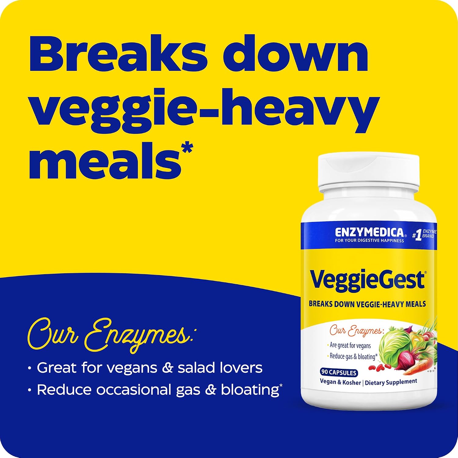 Enzymedica VeggieGest - Digestive Enzyme Supplement for Women & Men, Enzymes for Digestion & Gut Health Support, Support for Vegetarian/Vegan Diets, Helps Gas & Bloating, Gluten Free - 90 Caps Gsupps Australia