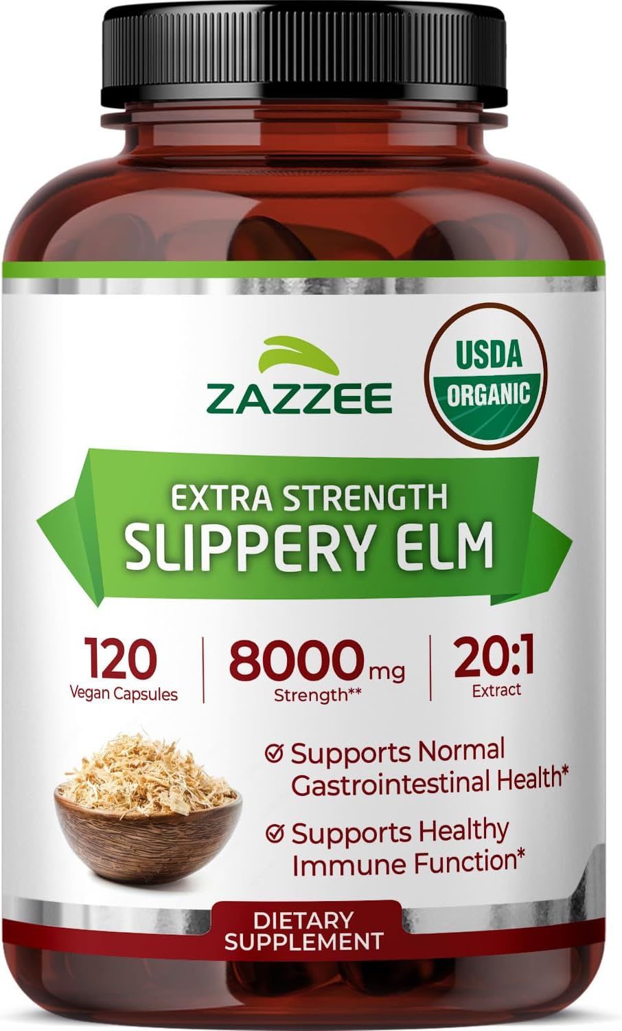 Zazzee USDA Organic Slippery Elm Bark 20:1 Extract, 120 Vegan Capsules | 4 Month Supply, Digestive, Throat & Mucosal Support, Ulmus Rubra, Herbal Supplement, All-Natural, Non-GMO, Made in the USA Gsupps Australia