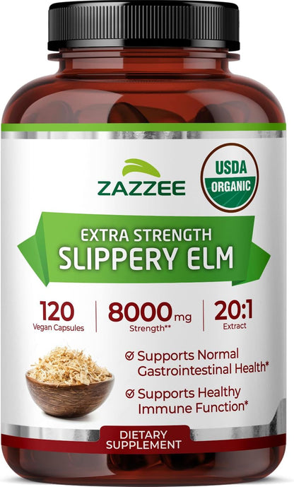 Zazzee USDA Organic Slippery Elm Bark 20:1 Extract, 120 Vegan Capsules | 4 Month Supply, Digestive, Throat & Mucosal Support, Ulmus Rubra, Herbal Supplement, All-Natural, Non-GMO, Made in the USA Gsupps Australia