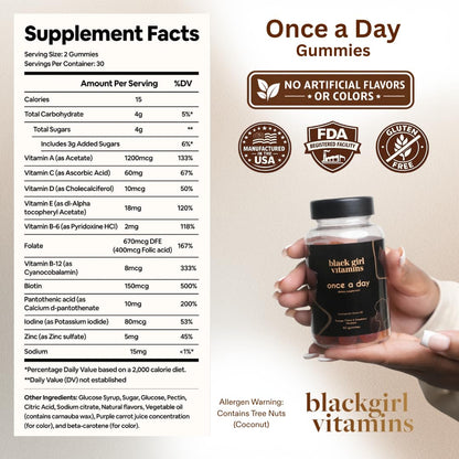 Black Girl Vitamins Once a Day - Womens Multivitamin Gummy - Vitamin A, B, C, E and Zinc. Multivitamin for Women, Immune Support. Vegan Black Girl Vitamins