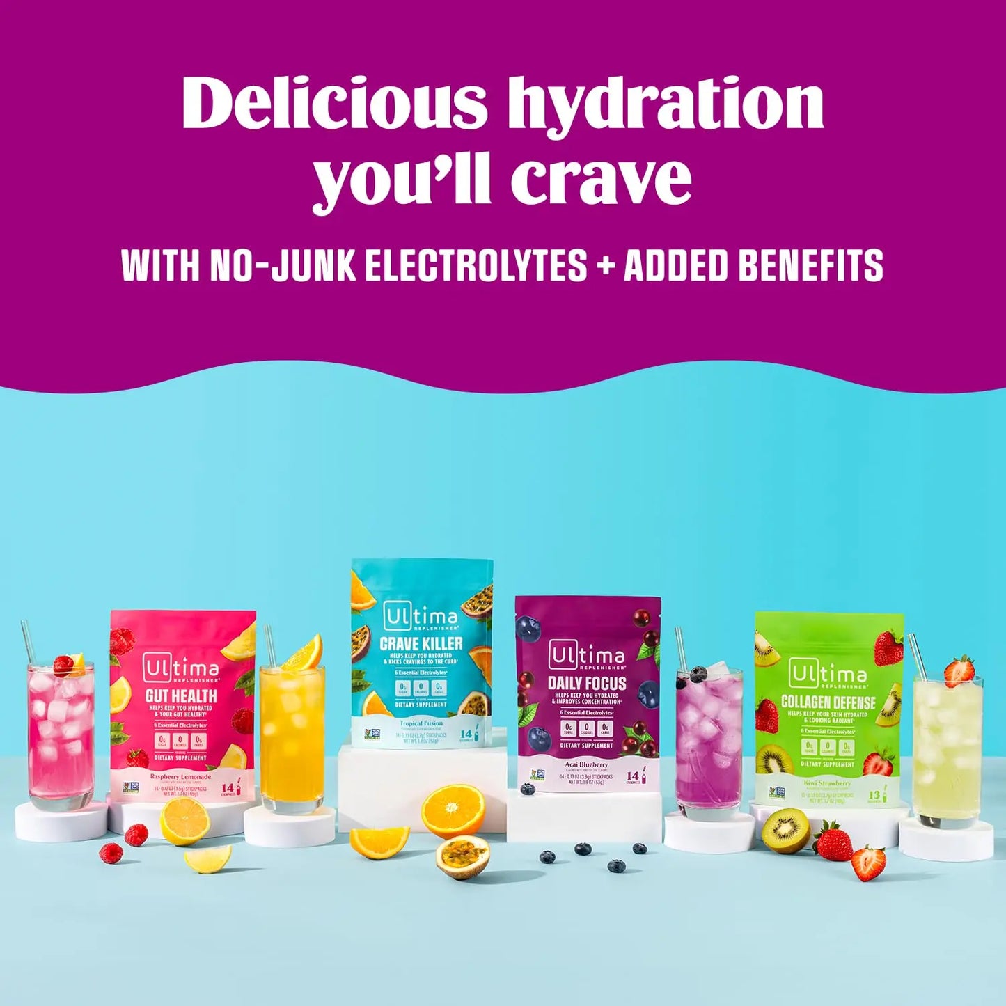 Ultima Replenisher Crave Killer Supplement and Electrolytes Powder – Tropical Fusion, 14 Stickpacks – Hydration Packets that Kick Cravings to The Curb Ultima Replenisher