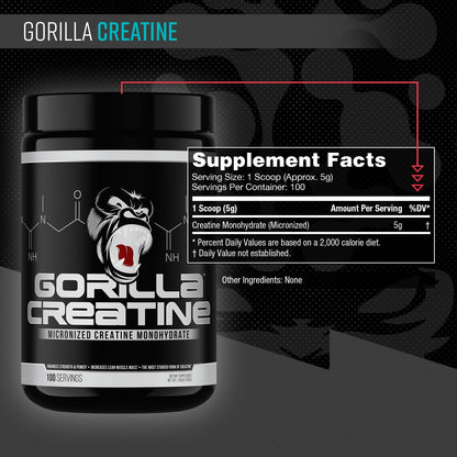 Gorilla Mind Creatine Monohydrate Micronized Powder, Improved Muscle Size, Power Output and Strength, 5 Grams per Serving, 100 Servings