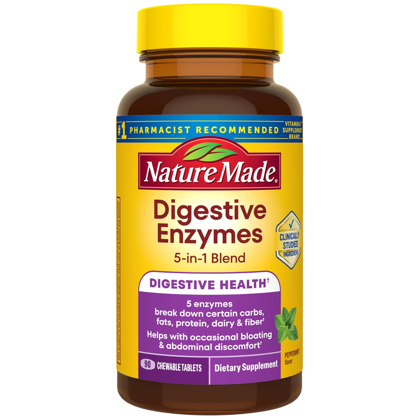 Nature Made Digestive Enzymes 5-in-1 Blend, Digestive Health Support, 90 Chewable Tablets, 30 Day Supply Nature Made