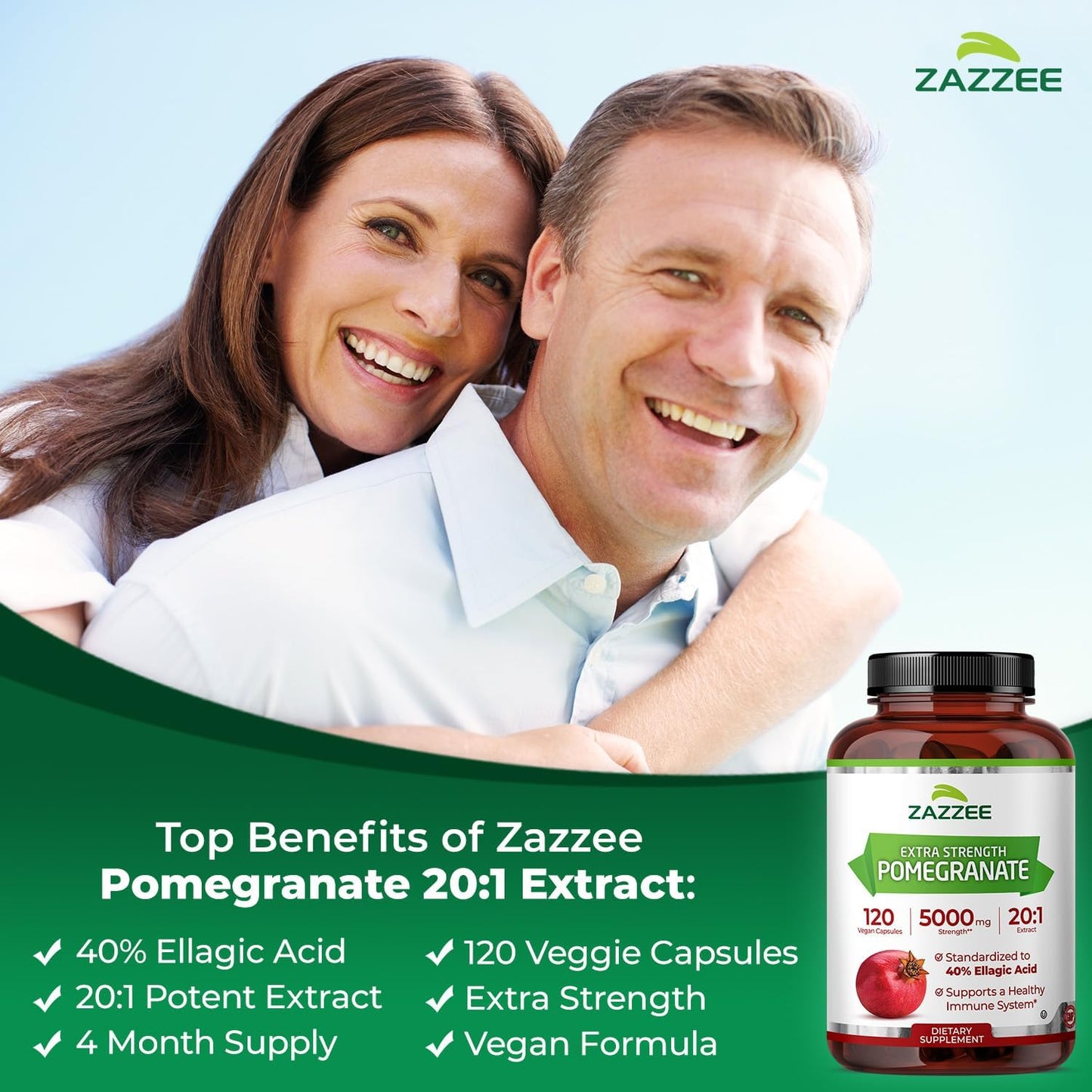 Zazzee Extra Strength Pomegranate 20:1 Extract, 120 Vegan Capsules | 40% Ellagic Acid, 4 Month Supply, Punica Granatum, Antioxidant & Cellular Health Support, Non-GMO, Made in the USA Gsupps Australia