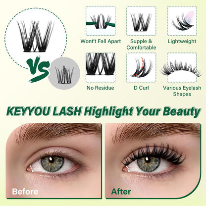 KEYYOU Flora Lash Clusters Kit Flaunt D Curl Natural Lashes 132pcs Lash Extension Kit 8-18mix Lash Clusters Fluffy Lashes with Ultra-Thin Soft Band with Remover Waterproof Bond and Seal(F01 Kit) KEYYOU