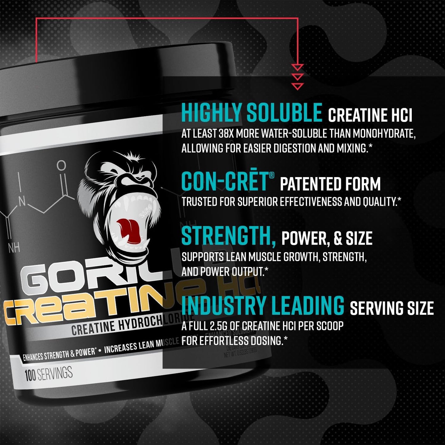 Gorilla Mind CON-CRĒT® Creatine HCl W/Pepsin, Unflavored | GI-Friendly Alternative | Muscle Size, Power Output, Strength, Brain Health & Performance | Convenient 2.5 Grams per Serving, 100 Servings