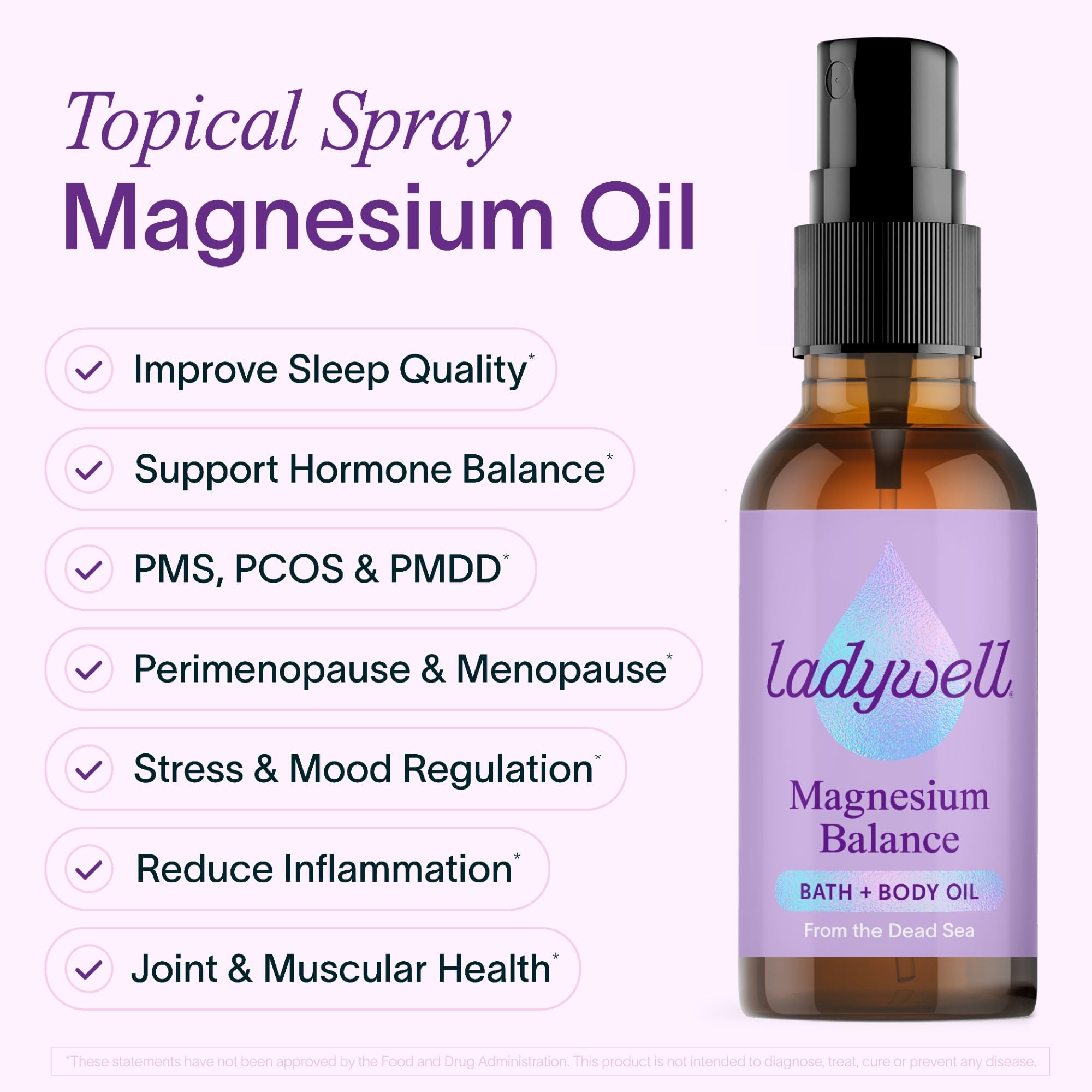 Ladywell Topical Magnesium Oil Spray | Mood, Cycle & Stress Support | PMS, PCOS, Fertility, Menopause, Hormone Balance, Cramps | Pure Magnesium Chloride, Science-Backed | Rapid Skin Absorption Ladywell buy australia supplements