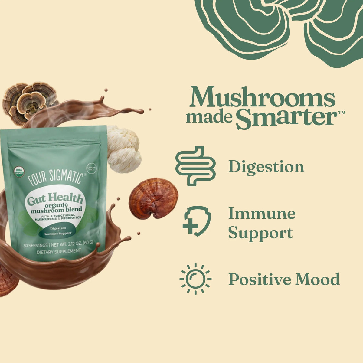 Four Sigmatic Gut Health Mushroom Blend | Organic Mushroom Powder Complex with Turkey Tail, Lion’s Mane, Cordyceps, Chaga, Probiotics and More Four Sigmatic