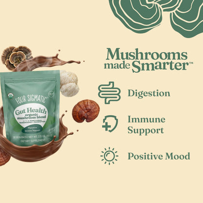 Four Sigmatic Gut Health Mushroom Blend | Organic Mushroom Powder Complex with Turkey Tail, Lion’s Mane, Cordyceps, Chaga, Probiotics and More Four Sigmatic