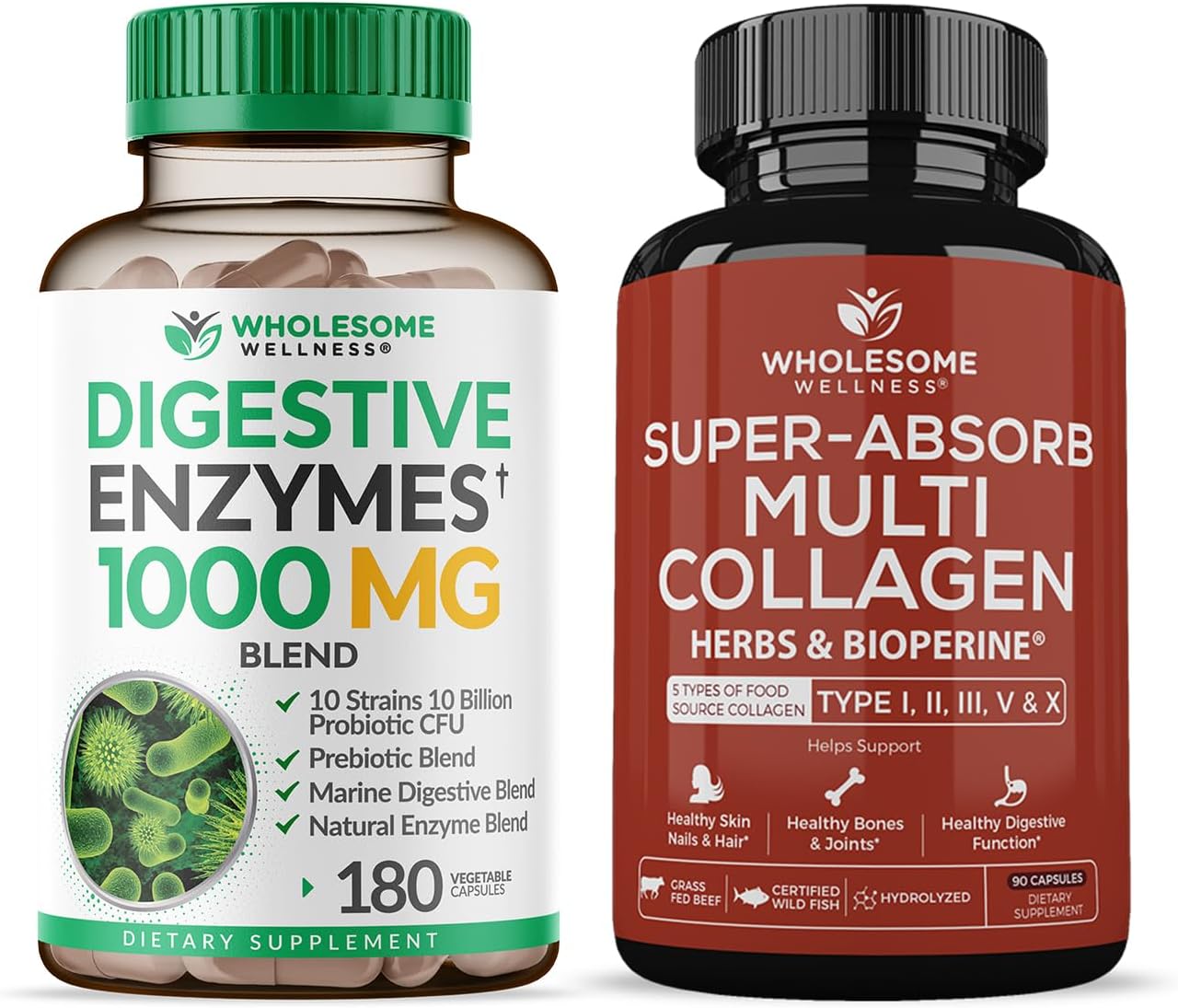Wholesome Wellness Digestive Enzymes 1000MG Plus Prebiotics & Probiotics Supplement + Super-Absorb Multi Collagen Pills (Type I II III V X) Organic Herbs and Bioperine Bundle Gsupps Australia