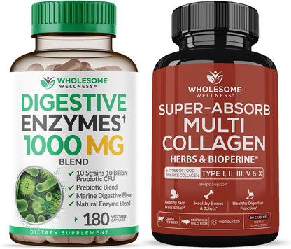 Wholesome Wellness Digestive Enzymes 1000MG Plus Prebiotics & Probiotics Supplement + Super-Absorb Multi Collagen Pills (Type I II III V X) Organic Herbs and Bioperine Bundle Gsupps Australia