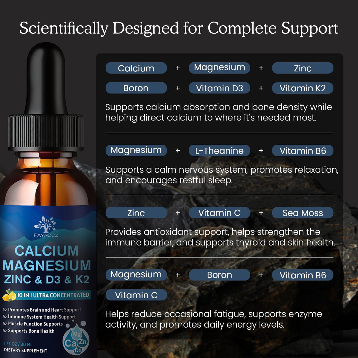 (2 Pack) 10 in 1 Magnesium Calcium Zinc Supplement with Vitamin C D3 K2, Glycinate Mag Vegan Liquid Drops Plus L-Theanine Boron Sea Moss Extract, Immune Support PAYAOCZ