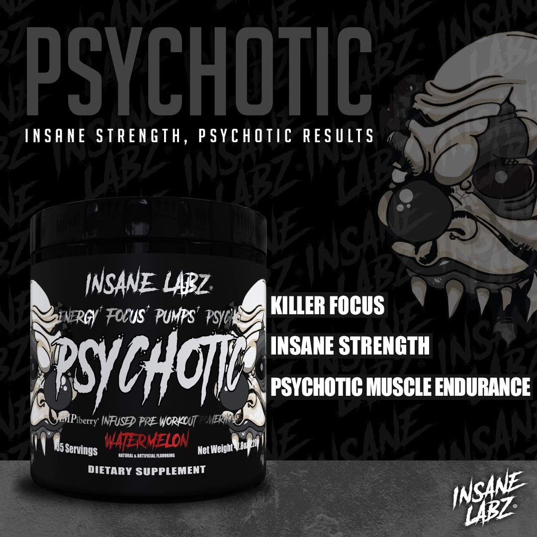 Insane Labz Psychotic Black Edition Mid Stimulant Pre Workout Powder, Energy Focus Pumps, Loaded with Creatine Beta Alanine Taurine Fueled by AMPiberry, 35 Servings (Blue Raspberry)