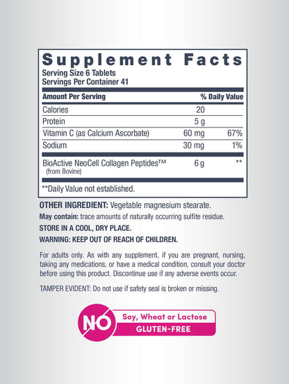 NeoCell Collagen Peptides | 250 Tablets | with Vitamin C | Grassfed Supplement | Hair, Skin, & Nails | for Women and Men NeoCell
