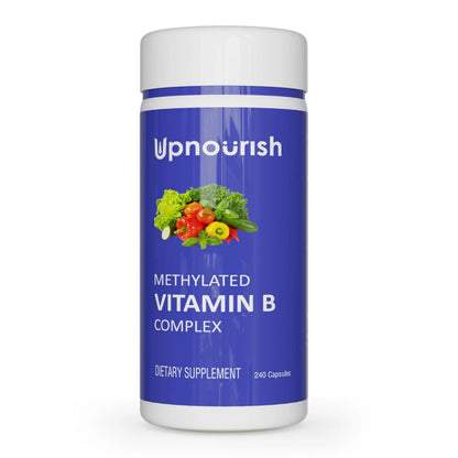 UpNourish Methylated B Complex Vitamins for Women and Men, 240 Veggies Capsules - Active Pure B Complex with Organic Fruits, Vegetables, B1 Thiamine, B2 Riboflavin, UpNourish